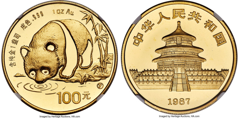 People's Republic gold "Panda" 100 Yuan (1 oz) 1987-Y MS69 NGC, Shenyang mint, K...