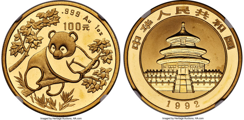 People's Republic gold "Panda - Small Date" 100 Yuan (1 oz) 1992 MS69 NGC, KM395...