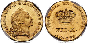 Frederick V gold 12 Mark 1758-VH MS64 NGC, KM587.3, Fr-269. An incredible example of this Danish gold type with resplendent brilliance and golden-yell...