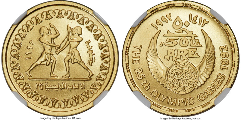 United Arab Republic gold "Fencing" 50 Pounds AH 1412 (1992) MS70 NGC, KM709. Mi...