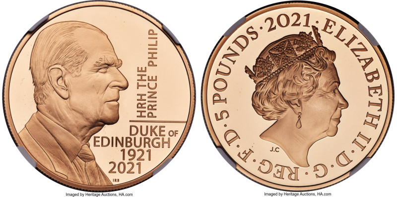 Elizabeth II gold Proof "Duke of Edinburgh Memorial" 5 Pounds 2021 PR69 Ultra Ca...