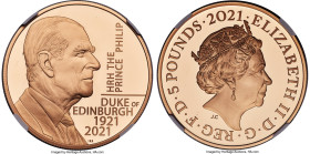 Elizabeth II gold Proof "Duke of Edinburgh Memorial" 5 Pounds 2021 PR69 Ultra Cameo KM-Unl. Maximum mintage: 560. Commemorating HRH The Prince Philip,...