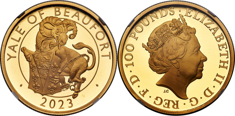 Elizabeth II gold Proof "Yale of Beaufort" 100 Pounds (1 oz) 2023 PR70 Ultra Cam...