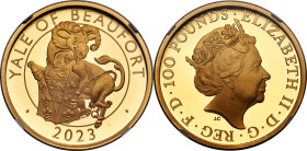 Elizabeth II gold Proof "Yale of Beaufort" 100 Pounds (1 oz) 2023 PR70 Ultra Cameo NGC, S-TBCGB3. Mintage: 410. Tudor Beasts series. First Releases. H...