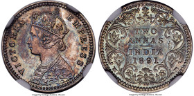 British India. Victoria silver Proof Restrike 2 Annas 1891-C PR63 NGC, Calcutta mint, KM488. A glossy, chrome-colored Choice example with polychromati...