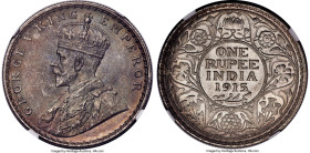 British India. George V Rupee 1915-(b) MS64 NGC, Bombay mint, KM513, S&W-8.31, Prid-221. Quite scarce at the upper-echelons of Mint State, and this ne...