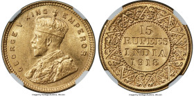 British India. George V gold 15 Rupees 1918-(b) MS62 NGC, Bombay mint, KM525, S&W-8.1. A honey-golden toned representative of this unusual gold denomi...