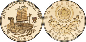 South Korea. Republic gold Proof "Turtle Boat - Seoul Olympics" 50000 Won 1986 PR68 Ultra Cameo NGC, KM59. A near-perfect example with impressive dept...
