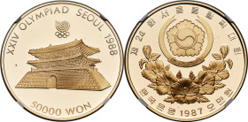 South Korea. Republic gold Proof "Seoul Olympics - South Gate" 50000 Won 1987 PR70 Ultra Cameo NGC, KM65. Facing up with jet-black fields that provide...