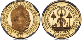 Savang Vatthana gold Proof "Coronation" 4000 Kip 1971 PR67 Ultra Cameo NGC, KM9, Fr-5. Part of a five-piece coronation series. An intriguing Cameo con...