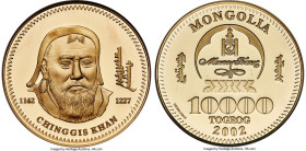 Republic gold Proof Pattern "Chinggis Khan" 10000 Tugrik 2002 PR69 NGC, cf. KM199 (in silver). Based on the same design as the 1000 Tugrik KM199 type,...