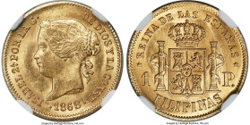 Spanish Colony. Isabel II gold Peso 1868 MS63 NGC, Manila mint, KM142. An ever-popular and hotly contested issue, offered here in promising Choice gra...