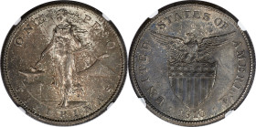 USA Administration Peso 1910-S MS62 NGC, San Francisco mint, KM172, Allen-17.05. A delightful offering of this popular type with muted luster, cloaked...