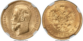 Nicholas II gold 5 Roubles 1909-ЭБ MS65 NGC, St. Petersburg mint, KM-Y62, Fr-180. A solid Gem bestowed with warm amber hue and lively mint bloom. HID0...
