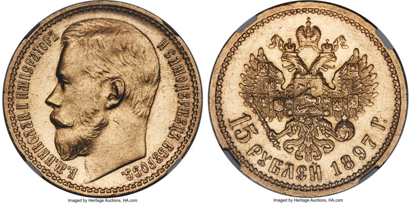 Nicholas II gold "Narrow Rim" 15 Roubles 1897-AΓ MS62 NGC, St. Petersburg mint, ...