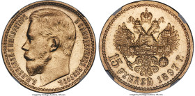 Nicholas II gold "Narrow Rim" 15 Roubles 1897-AΓ MS62 NGC, St. Petersburg mint, KM-Y65.2, Bit-1. Narrow rim variety. A glossy near-Choice representati...