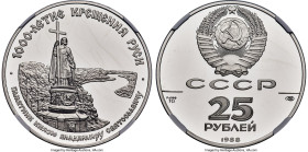 USSR palladium "Christianity Millenium" 25 Roubles 1988-(L) PR69 Ultra Cameo NGC, KM-Y212. Mintage: 7,000. Depicting the monument to Vladimir, Grand D...
