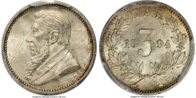 Republic 3 Pence 1894 MS62 PCGS, Pretoria mint, KM3, Hern-Z7. Visually alluring with plenty of luster and a splash of color underneath the denticles a...