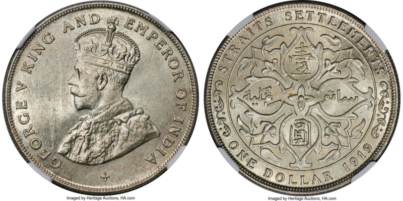British Colony. George V Dollar 1919 MS65 NGC, Bombay mint, KM33, Prid-9. An unq...