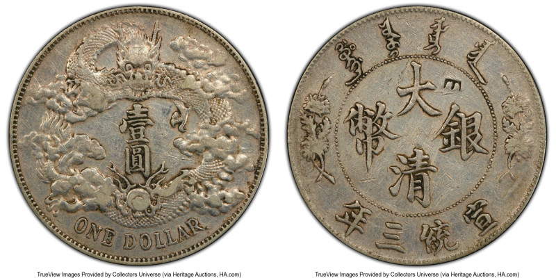 Hsüan-t'ung Dollar Year 3 (1911) XF Details (Chop Mark) PCGS, Tientsin mint, KM-...