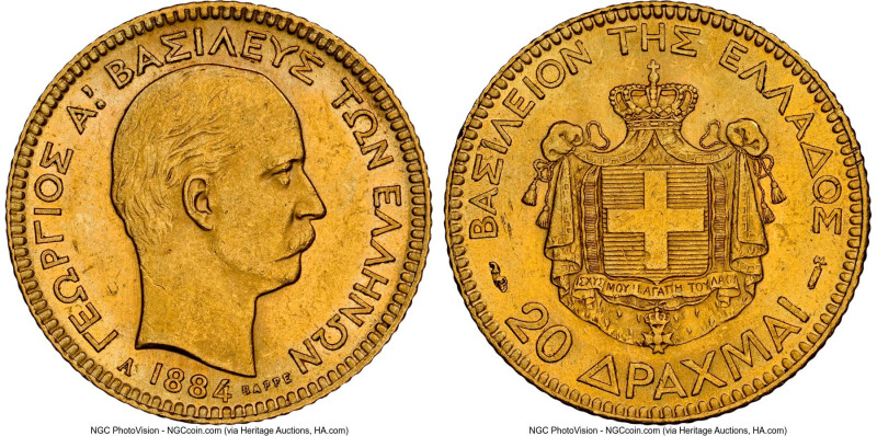 George I gold 20 Drachmai 1884-A MS62 NGC, Paris mint, KM56, Fr-18. HID098012420...