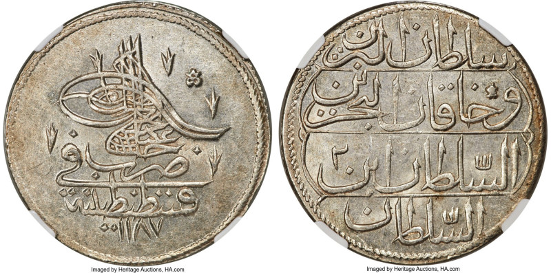 Ottoman Empire. Abdul Hamid I Piastre AH 1187 Year 2 (1775/1776) MS62 NGC, KM396...