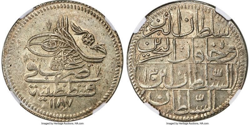 Ottoman Empire. Abdul Hamid I Piastre AH 1187 Year 13 (1787/1788) MS62 NGC, KM39...