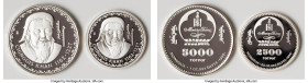 Republic Pair of Uncertified silver Proof "Chinggis Khan" Tugrig Issues 1996 UNC, 1) 5000 Tugrik, KM118 2) 2500 Tugrik, KM117 Mexico City mint. A surp...