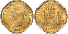 Spanish Colony. Isabel II gold 4 Pesos 1868/6 AU55 NGC, Manila mint, KM144. Last year of type with clearly visible overdate. HID09801242017 © 2023 Her...