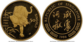 Republic gold "Year of the Tiger" 50 Singold (1/2 oz) 1986-SM MS67 NGC, Singapore Mint mint, KM-X18. Mintage: 2,000. Lunar series. Displaying the type...