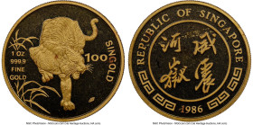 Republic gold "Year of the Tiger" 100 Singold (1 oz) 1986-SM MS67 NGC, Singapore mint, KM-X19. Mintage: 15,000. Lunar series. Pockets of carmine tonin...