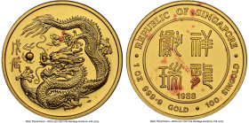 Republic gold "Year of the Dragon" 100 Singold (1 oz) 1988-SM MS67 NGC, Singapore mint, KM-XMB41. One of the more ornate issues in the Lunar Series, w...