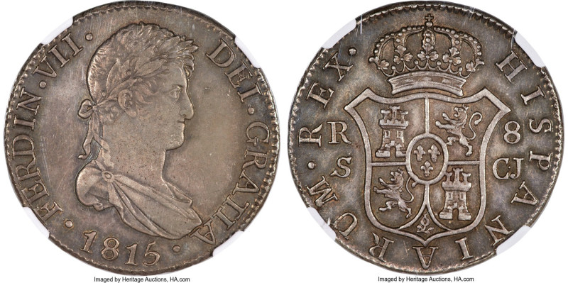 Ferdinand VII 8 Reales 1815 S-CJ AU53 NGC, Seville mint, KM466.4, Calico-1416. A...