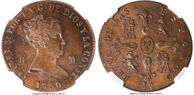 Isabel II 8 Maravedis 1850-JA MS64 Brown NGC, Jubia mint, KM531.2. Tied atop the NGC census reports with one other example; this beauty is glossy and ...