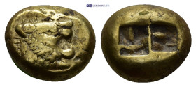 Kingdom of Lydia, Alyattes EL Trite. (12mm, 4.74 g) Sardes, circa 610-546 BC. Head of roaring lion to right, sun with multiple rays on forehead / Two ...