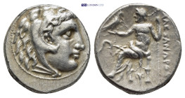 Kings of Macedon, Alexander III “the Great” (336-323 BC). AR Drachm (16mm, 4.32g). Miletos, c. 300-295. Head of Herakles r., wearing lion skin. R/ Zeu...