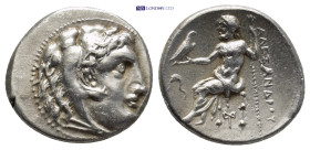 Kings of Macedon, Alexander III “the Great” (336-323 BC). AR Drachm (17mm, 4.28g). Miletos, c. 300-295. Head of Herakles r., wearing lion skin. R/ Zeu...