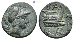 KINGS OF MACEDON. Demetrios I Poliorketes, 306-283 BC. AE (14mm, 2.21 g), uncertain mint in Caria (?), circa 290-283. Head of Athena to right, wearing...