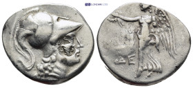 PAMPHYLIA, Side. Circa 200-190 BC. AR Tetradrachm (28mm, 17.03 g). Head of Athena right, wearing crested Corinthian helmet; c/m: bow in bowcase, EΦE /...