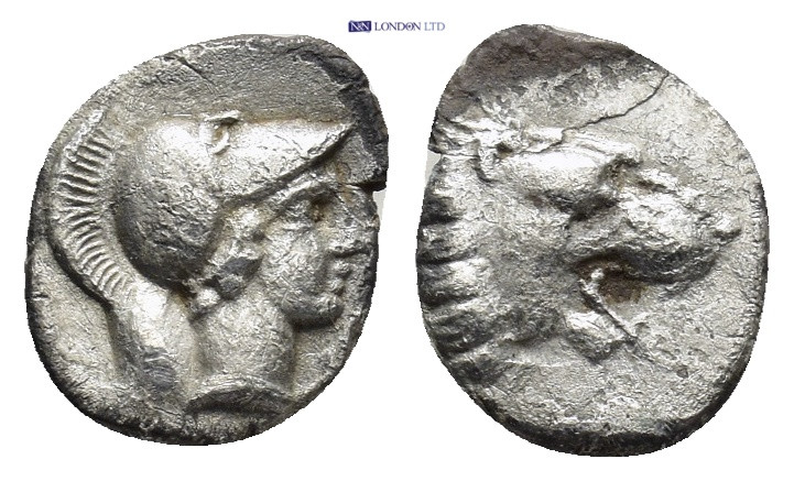 PAMPHYLIA. Side. (3rd-2nd centuries BC). AR Obol. (10mm, 0.85 g) Obv: Helmeted h...