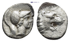 PAMPHYLIA. Side. (3rd-2nd centuries BC). AR Obol. (10mm, 0.85 g) Obv: Helmeted head of Athena right. Rev: Head of lion right with open mouth.