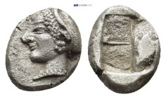 IONIA, Phokaia. Circa 521-478 BC. AR Obol (10mm, 1.29 g). Phokaic standard. Head of nymph left, hair in plain sakkos / Quadripartite incuse square.