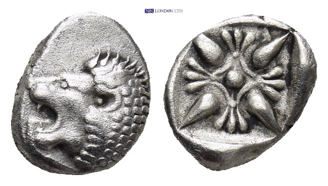 Ionia. Miletos circa 520-470 BC. Diobol AR (9mm, 1.26 g). Forepart of lion to ri...