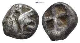 Islands off Ionia. Chios 435-425 BC. 1/3 Stater - Tetrobol AR (9mm., 2,53 g). Sphinx seated left, to left, grape bunch above amphora / Quadripartite i...