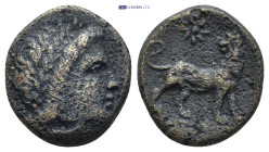 Ionia, Miletos. ca. 350-300 B.C. AE (16mm, 4.6 g) Laureate head of Apollo right Rev: lion standing right, looking back; star above.