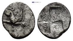IONIA, Teos. Circa 400-375 BC. AR Diobol (0.98 Gr. 11mm.). Uncertain magistrate. Griffin seated right, forepaw raised / Quadripartite incuse square.