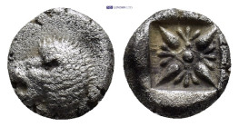 IONIA, Miletos. ca. 500 BC. AR Diobol (9mm, 1.0 g) Forepart of lion Rev.Starlike floral ornament in shallow incuse square.