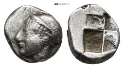 IONIA, Phokaia. (Circa 521-478 BC). AR trihemiobol. (9mm. 1.37 g) Female head left, wearing helmet or close fitting cap / Quadripartite incuse square.