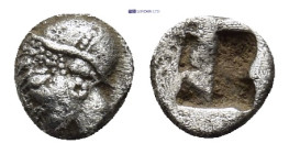 IONIA, Phokaia. Circa 625/0-522 BC. AR Obol (5mm, 0.30 g). Female head left, wearing helmet or close fitting cap / Quadripartite incuse square.