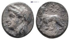 IONIA. Miletos. Circa 350-340 BC. AR Drachm (14mm, 3.45 g), magistrate. Laureate head of Apollo left. Rev. Lion walking left, looking right, star abov...